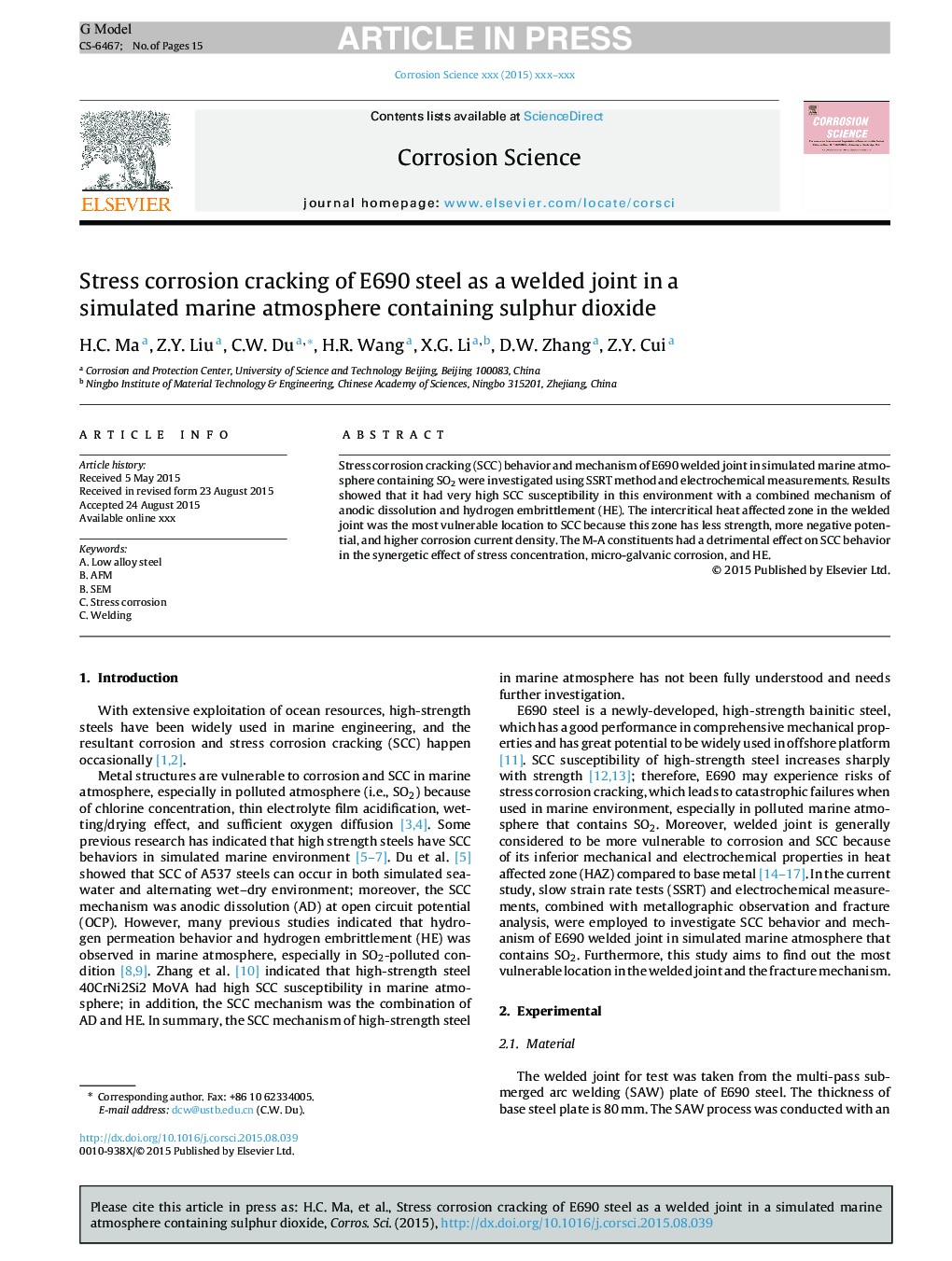 Stress corrosion cracking of E690 steel as a welded joint in a simulated marine atmosphere containing sulphur dioxide