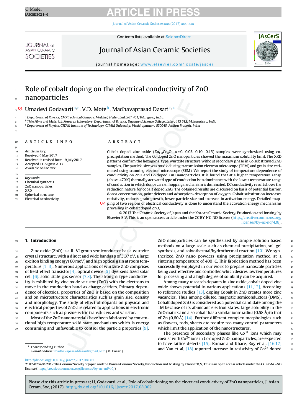 Role of cobalt doping on the electrical conductivity of ZnO nanoparticles