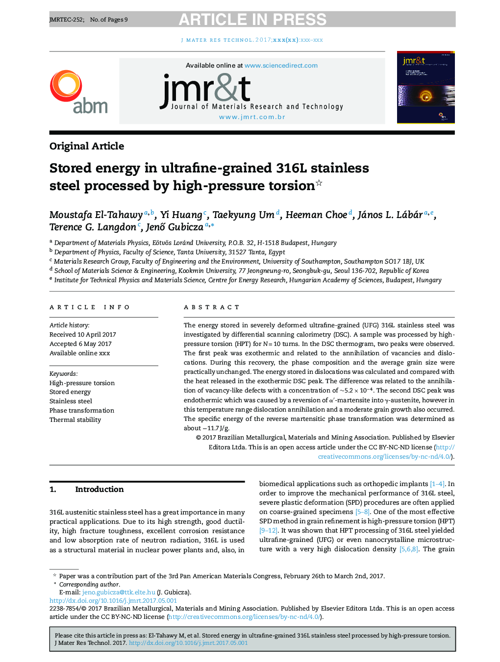 Stored energy in ultrafine-grained 316L stainless steel processed by high-pressure torsion