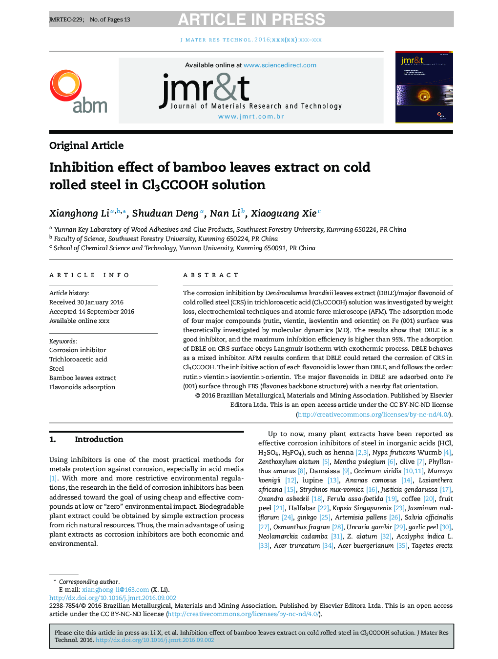 Inhibition effect of bamboo leaves extract on cold rolled steel in Cl3CCOOH solution