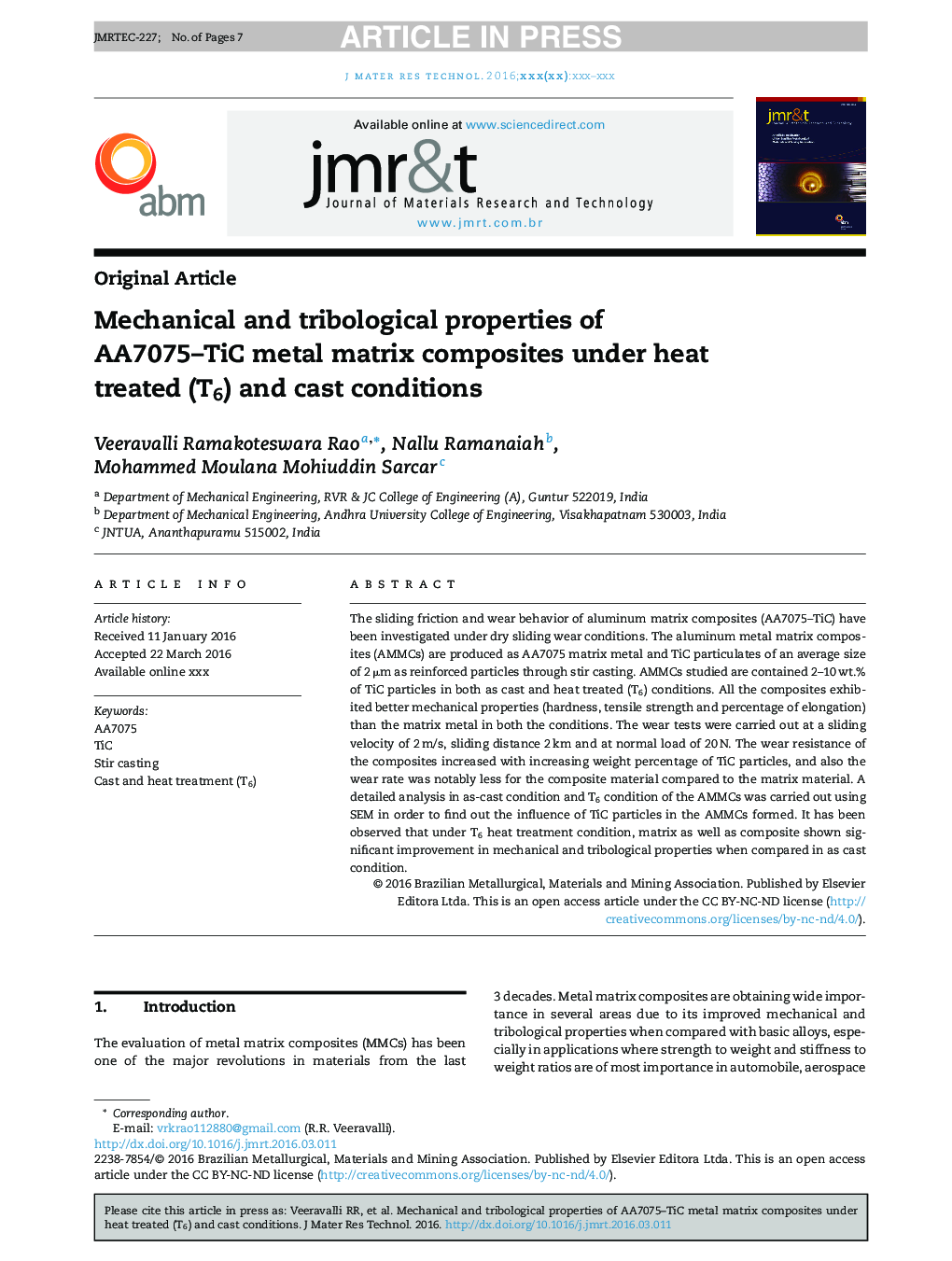 Mechanical and tribological properties of AA7075-TiC metal matrix composites under heat treated (T6) and cast conditions
