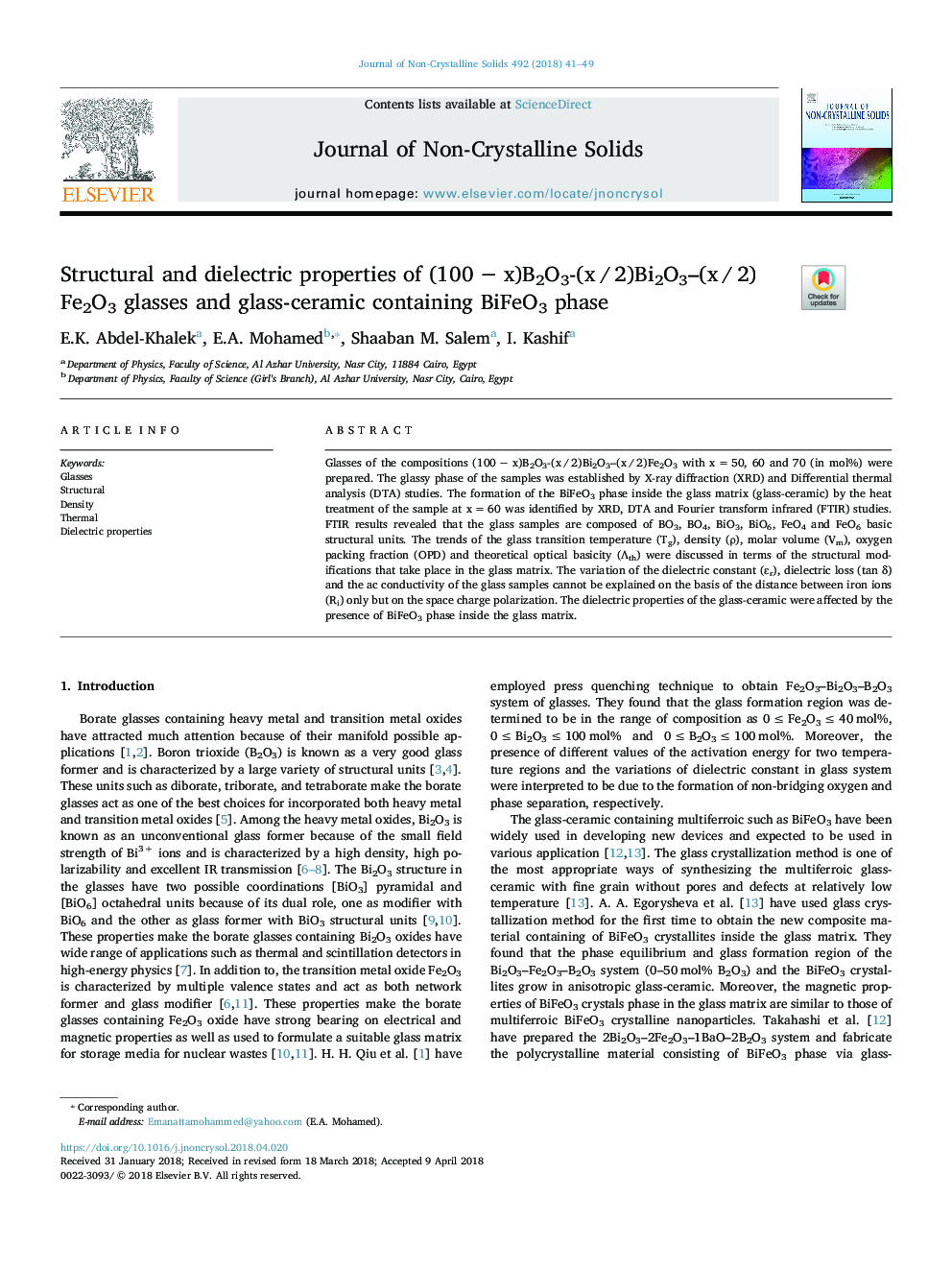 Structural and dielectric properties of (100â¯ââ¯x)B2O3-(xâ¯/â¯2)Bi2O3-(xâ¯/â¯2)Fe2O3 glasses and glass-ceramic containing BiFeO3 phase