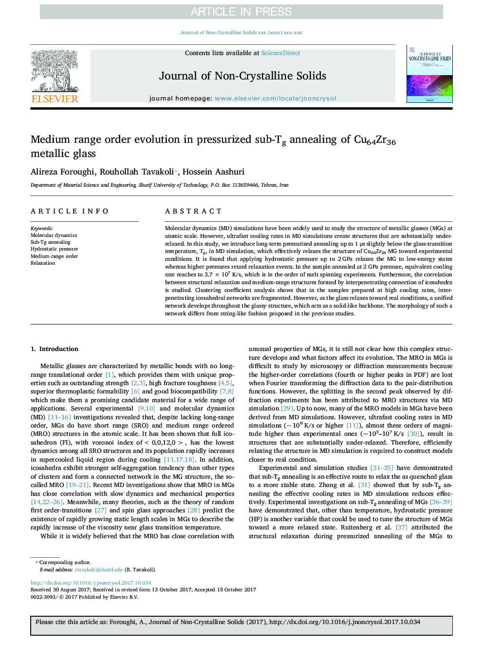 Medium range order evolution in pressurized sub-Tg annealing of Cu64Zr36 metallic glass