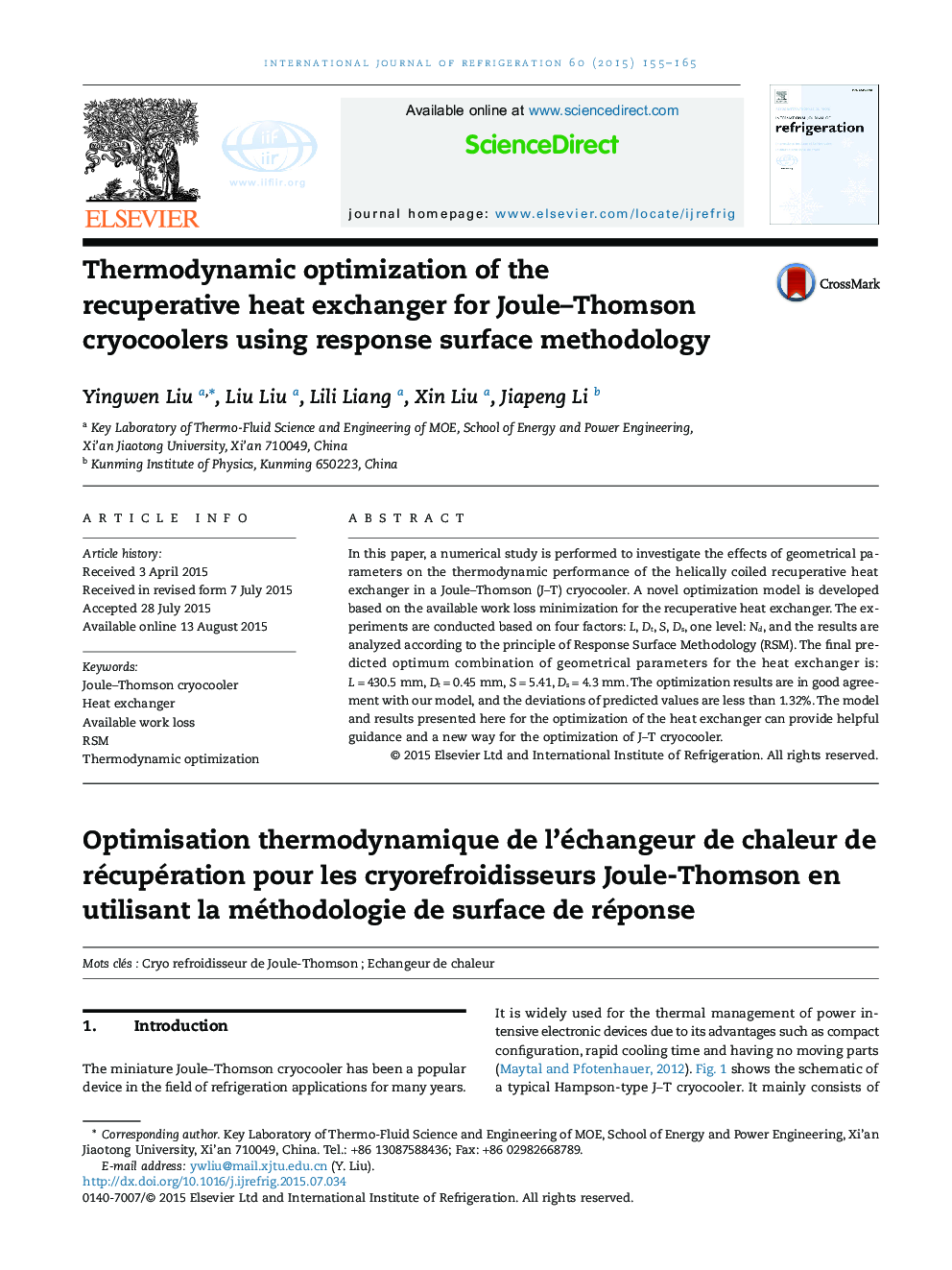Thermodynamic optimization of the recuperative heat exchanger for Joule–Thomson cryocoolers using response surface methodology