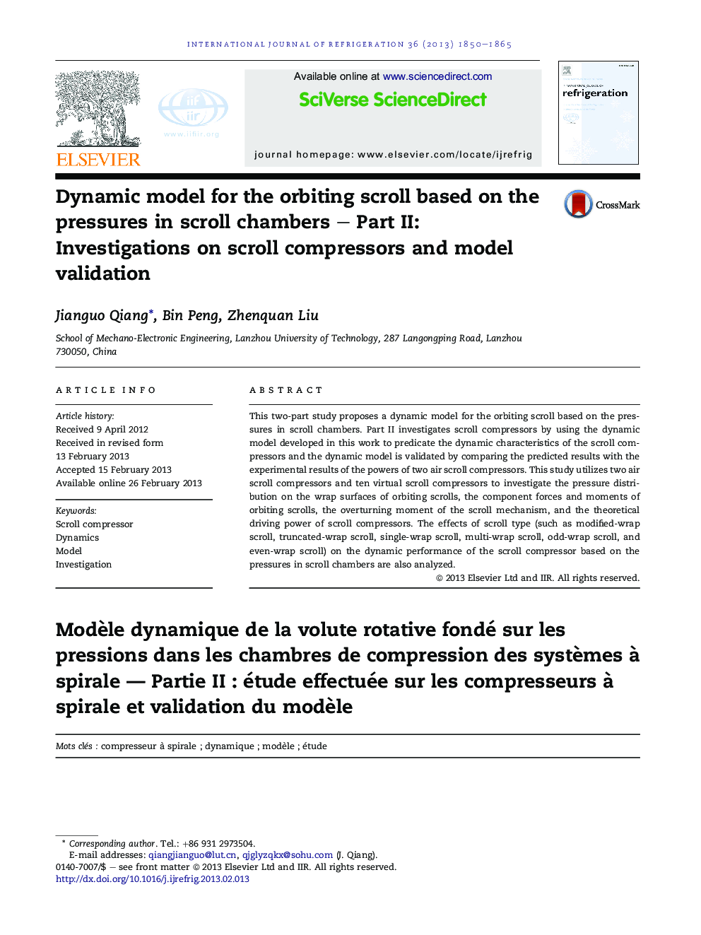 Dynamic model for the orbiting scroll based on the pressures in scroll chambers – Part II: Investigations on scroll compressors and model validation