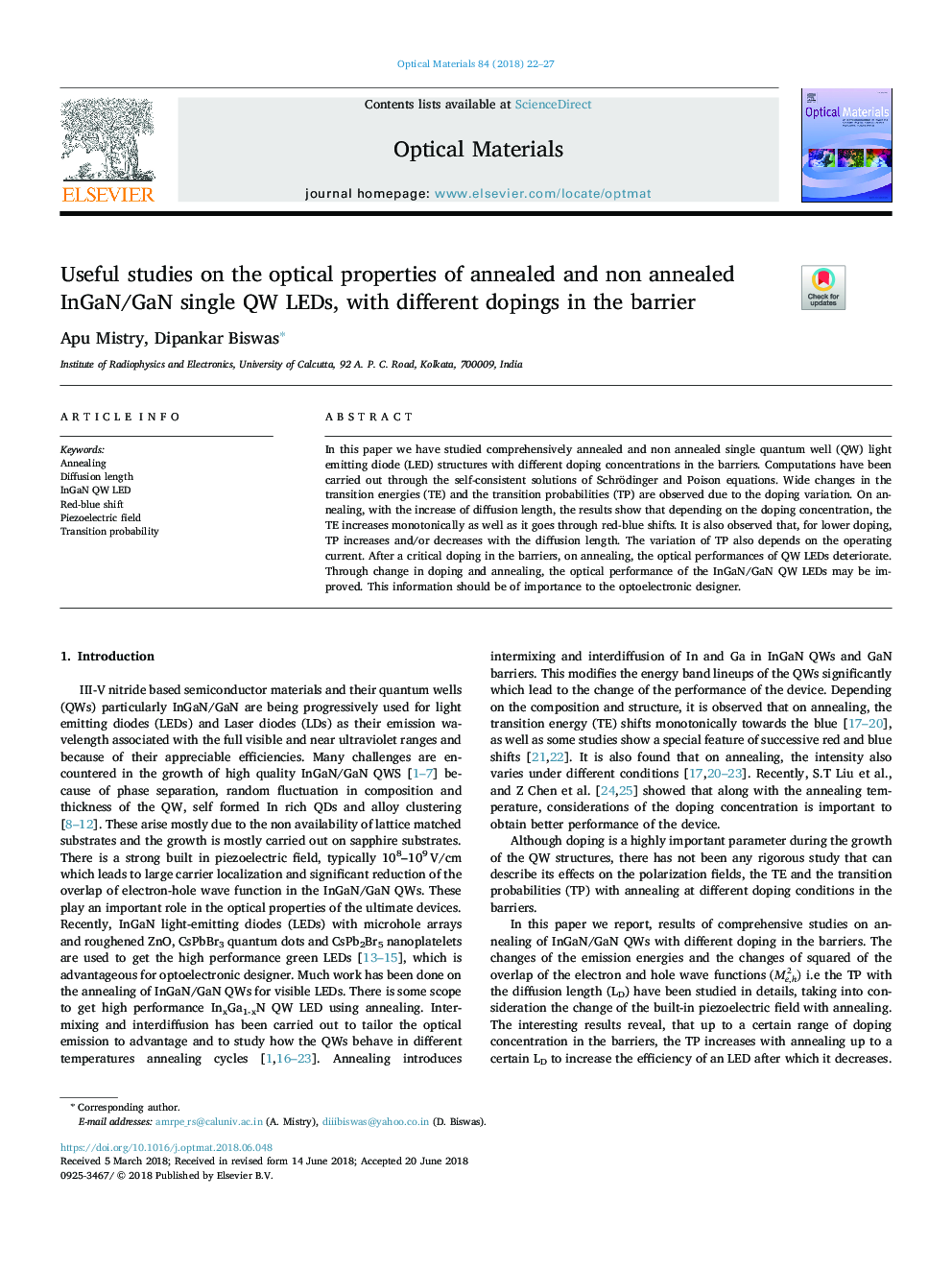 Useful studies on the optical properties of annealed and non annealed InGaN/GaN single QW LEDs, with different dopings in the barrier