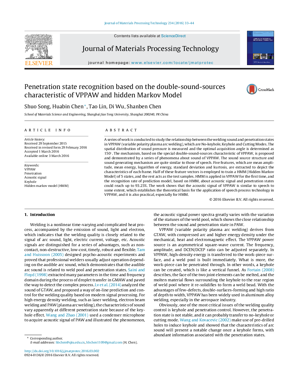 Penetration state recognition based on the double-sound-sources characteristic of VPPAW and hidden Markov Model