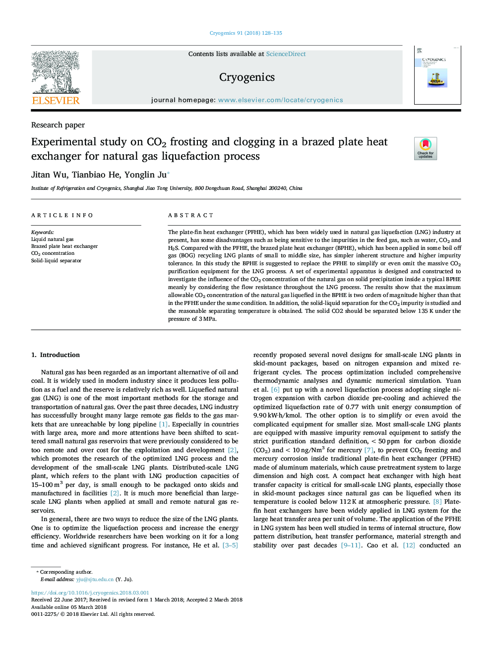 Experimental study on CO2 frosting and clogging in a brazed plate heat exchanger for natural gas liquefaction process