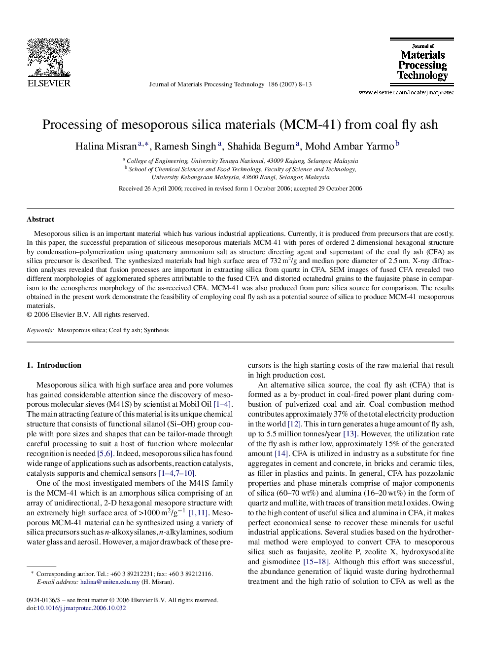 Processing of mesoporous silica materials (MCM-41) from coal fly ash