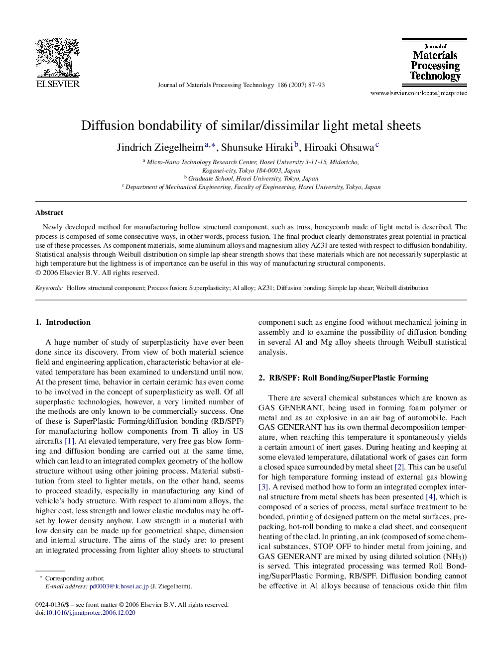 Diffusion bondability of similar/dissimilar light metal sheets