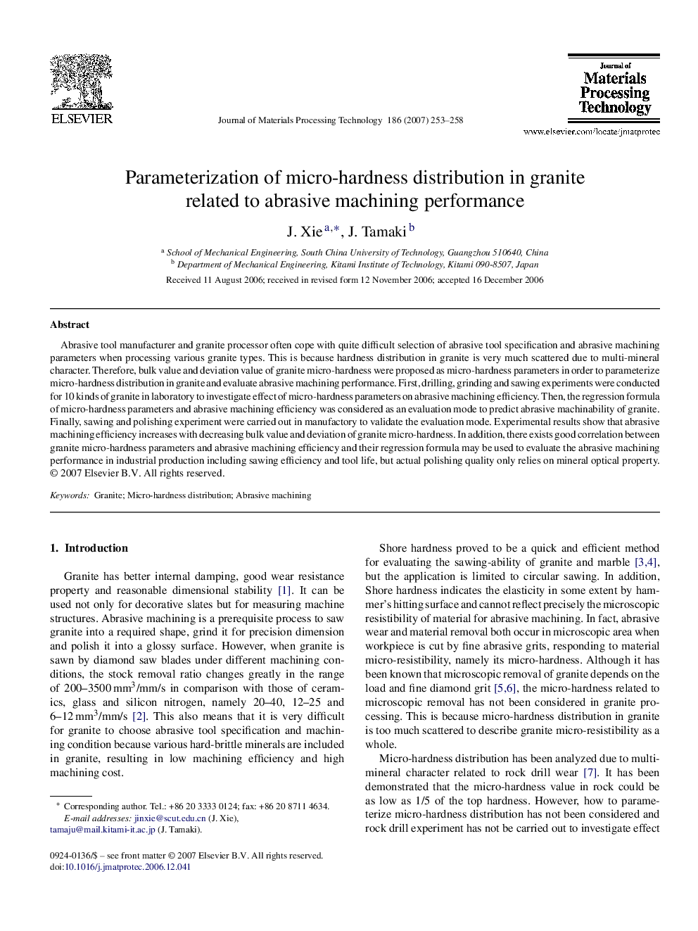 Parameterization of micro-hardness distribution in granite related to abrasive machining performance