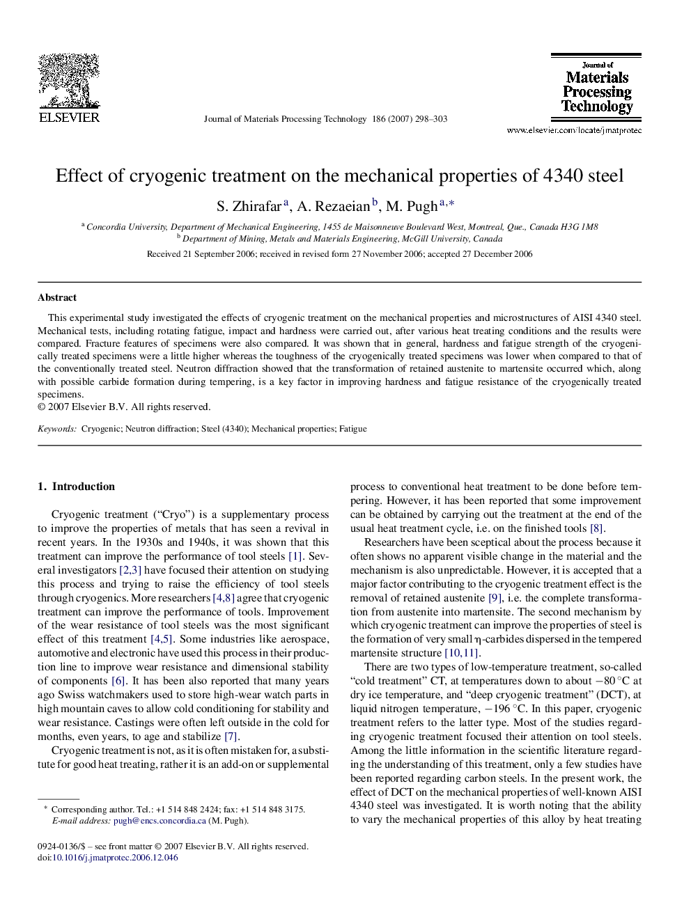 Effect of cryogenic treatment on the mechanical properties of 4340 steel