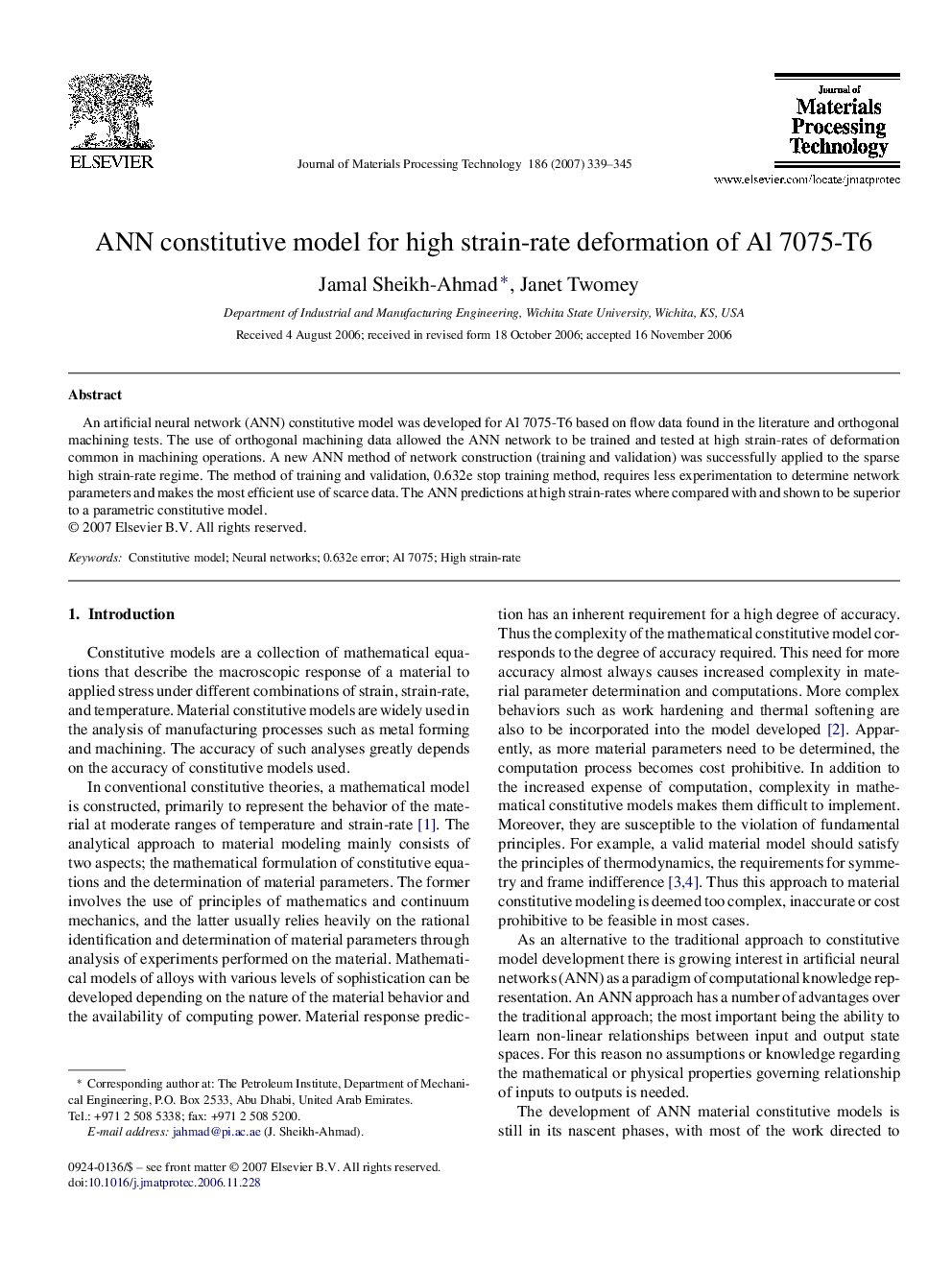 ANN constitutive model for high strain-rate deformation of Al 7075-T6