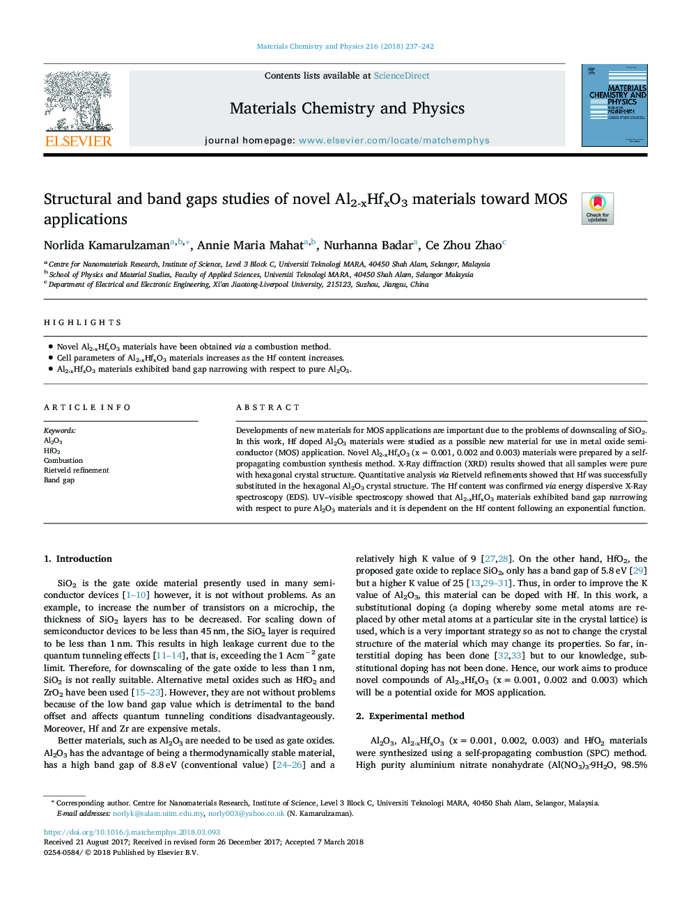 Structural and band gaps studies of novel Al2-xHfxO3 materials toward MOS applications