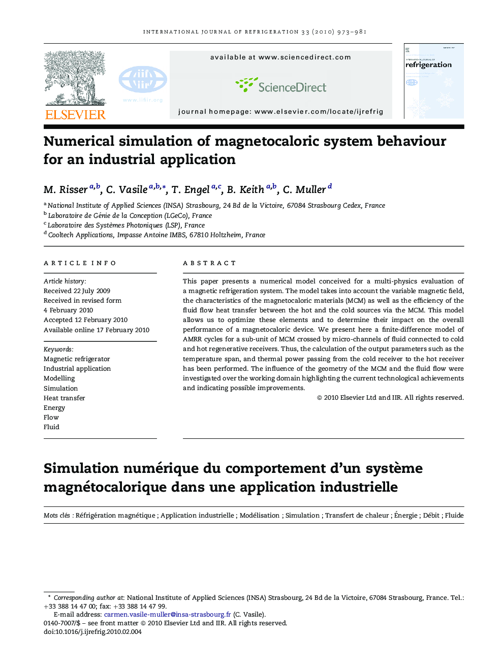 Numerical simulation of magnetocaloric system behaviour for an industrial application