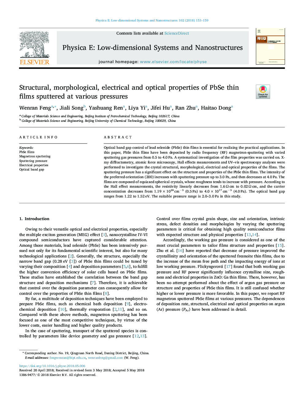 Structural, morphological, electrical and optical properties of PbSe thin films sputtered at various pressures