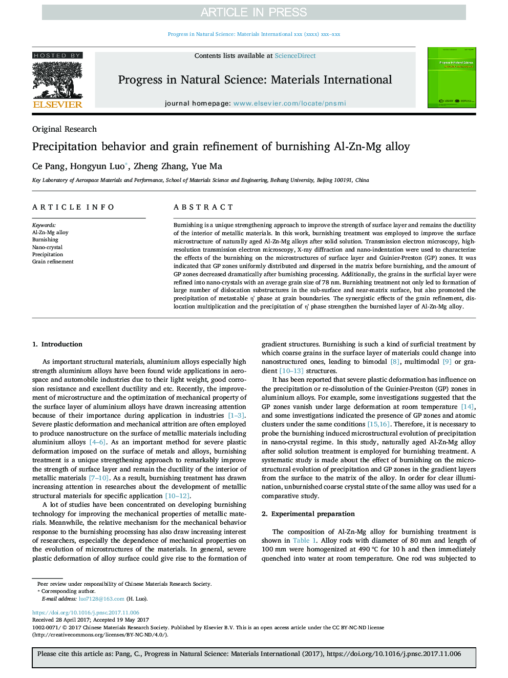 Precipitation behavior and grain refinement of burnishing Al-Zn-Mg alloy