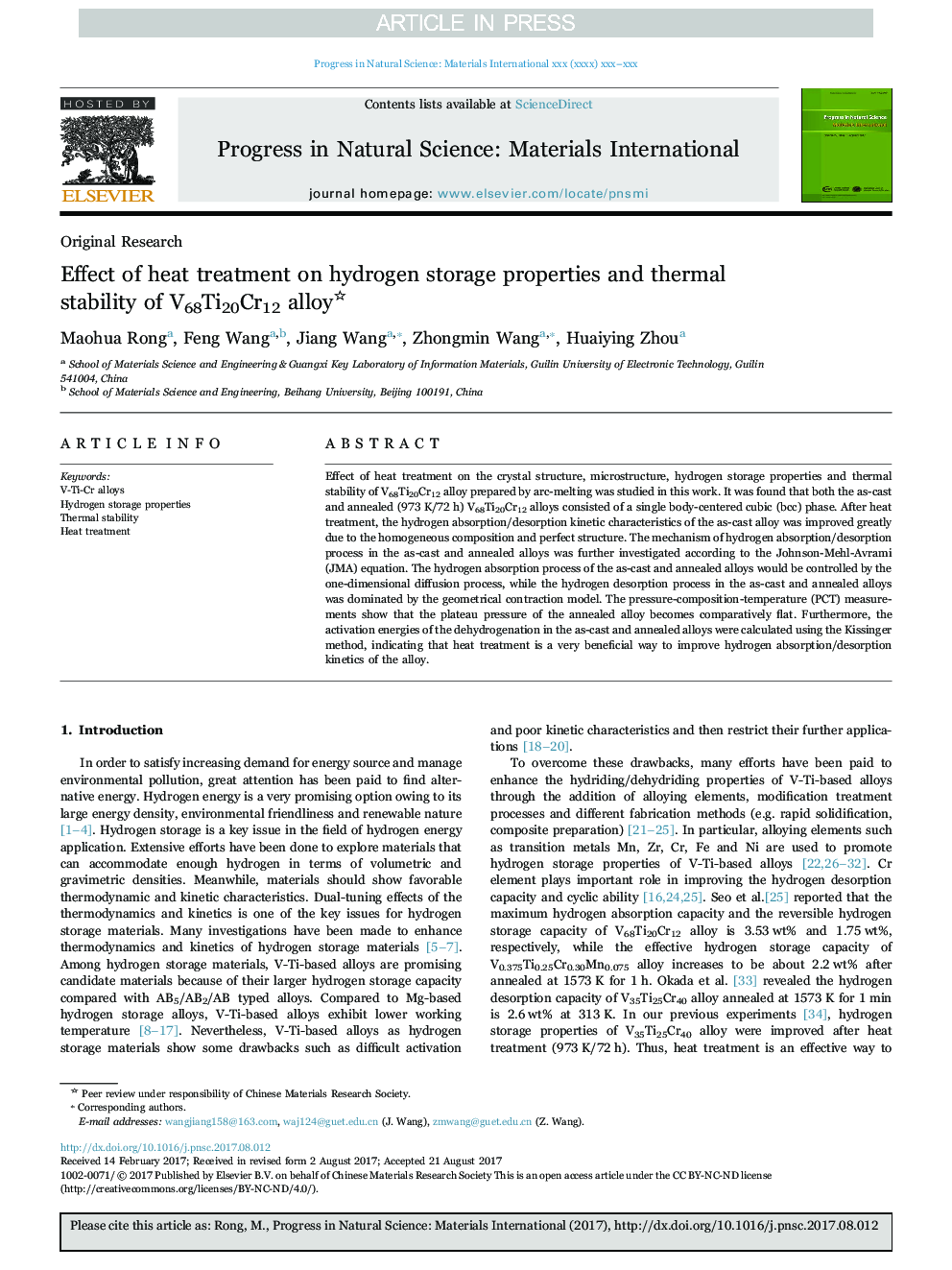 Effect of heat treatment on hydrogen storage properties and thermal stability of V68Ti20Cr12 alloy