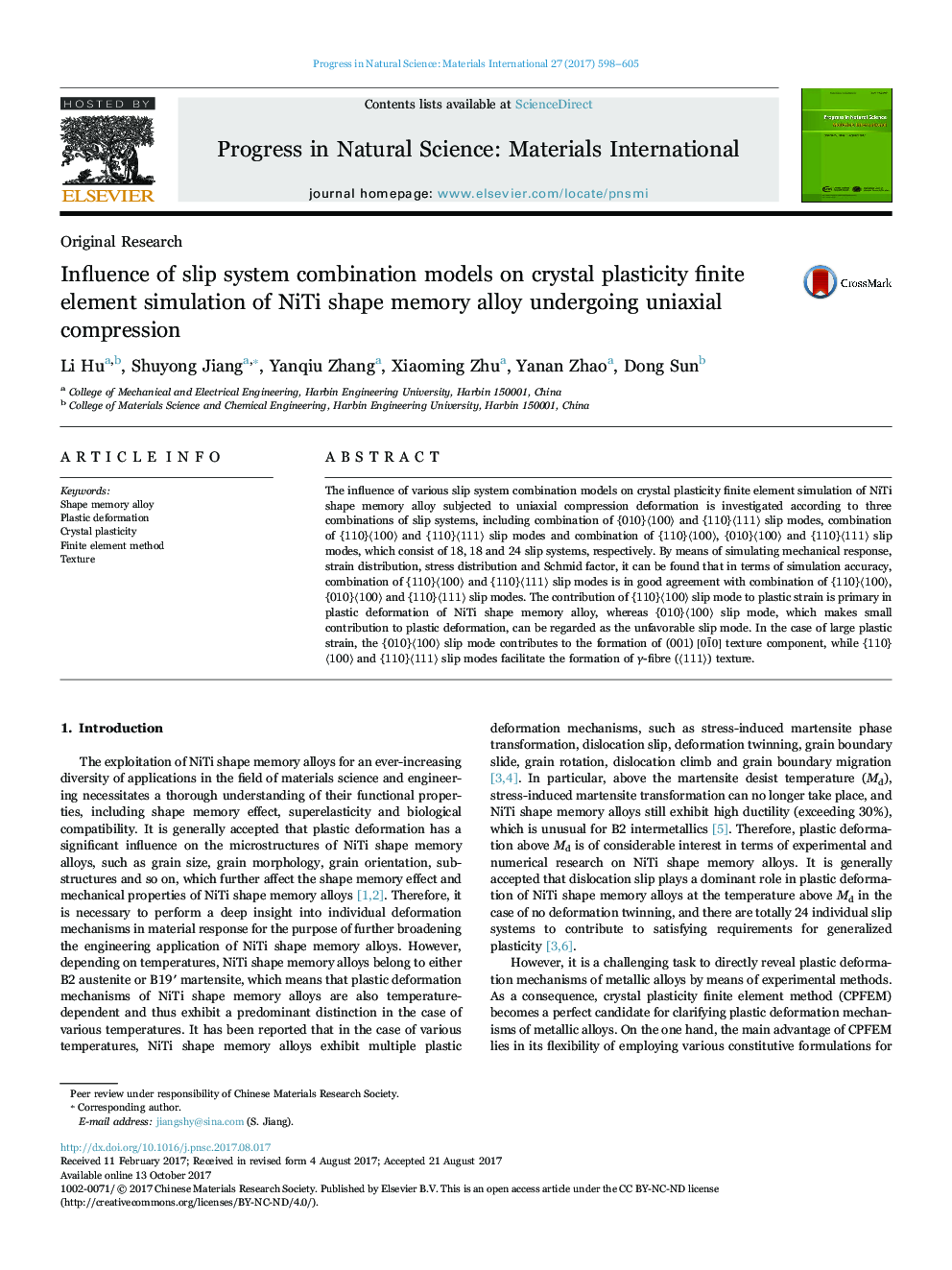 Influence of slip system combination models on crystal plasticity finite element simulation of NiTi shape memory alloy undergoing uniaxial compression