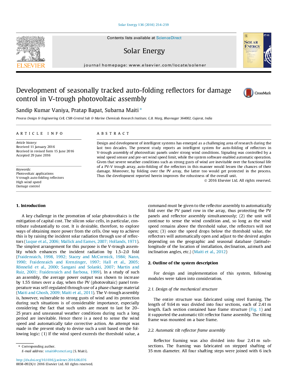 Development of seasonally tracked auto-folding reflectors for damage control in V-trough photovoltaic assembly