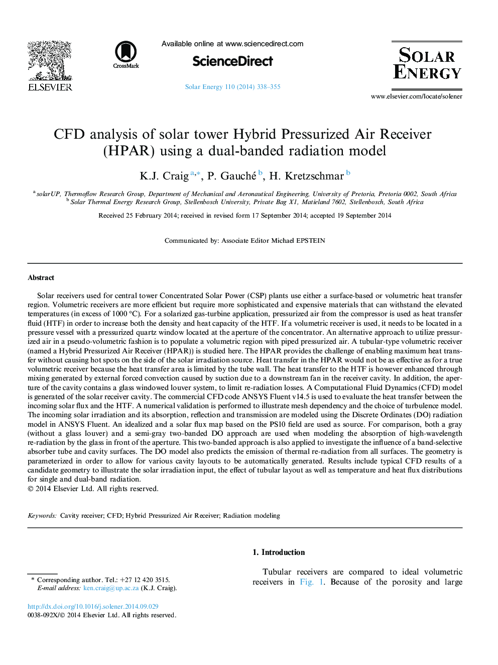 CFD analysis of solar tower Hybrid Pressurized Air Receiver (HPAR) using a dual-banded radiation model