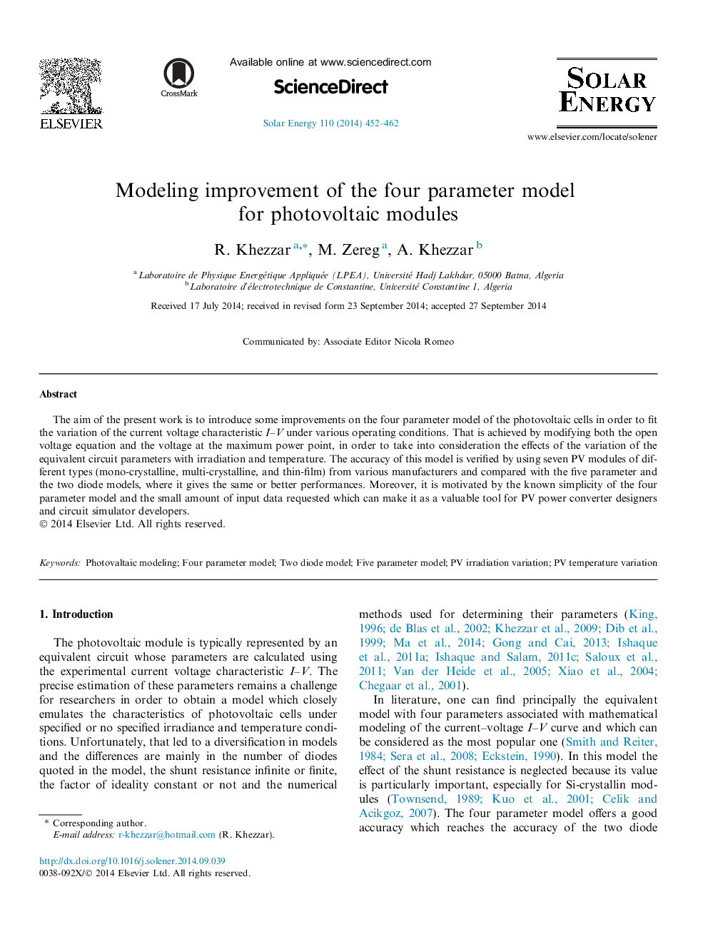 بهبود مدلسازی مدل چهار پارامتر برای ماژولهای فتوولتائیک 