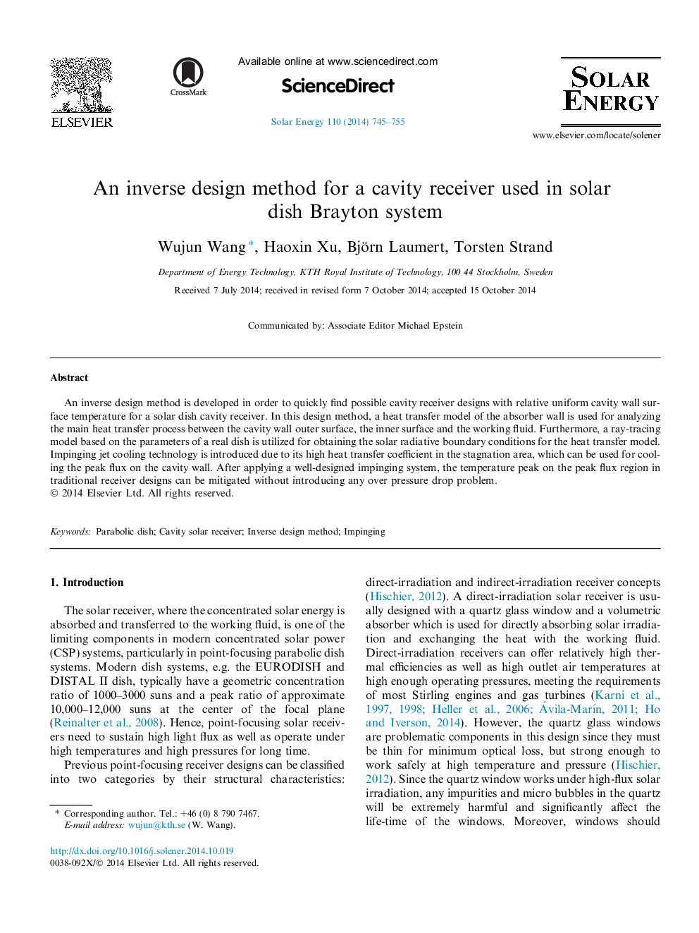 An inverse design method for a cavity receiver used in solar dish Brayton system