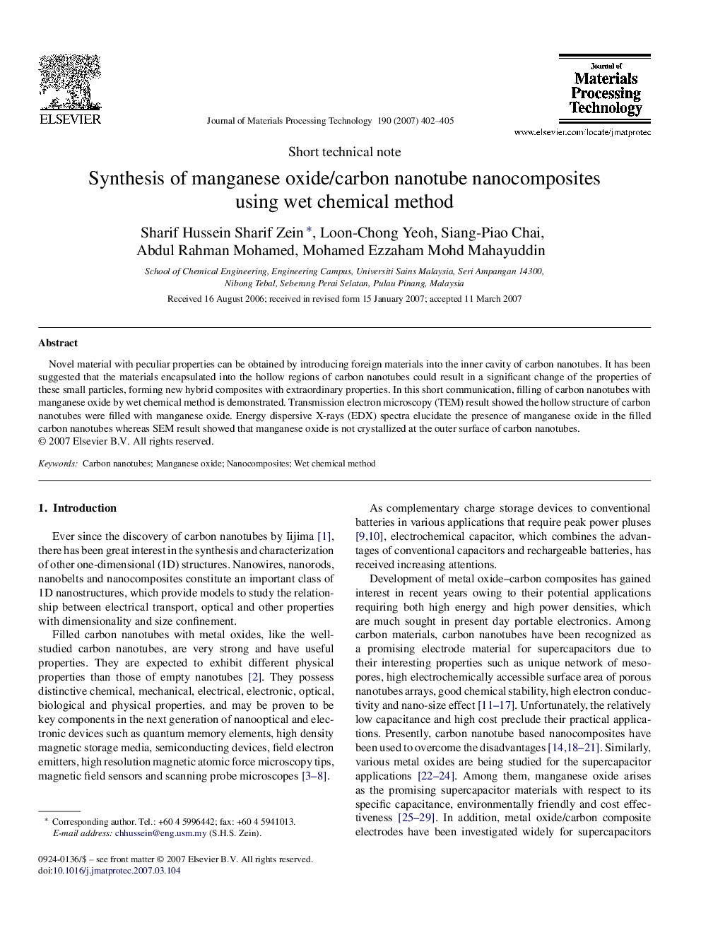 Synthesis of manganese oxide/carbon nanotube nanocomposites using wet chemical method