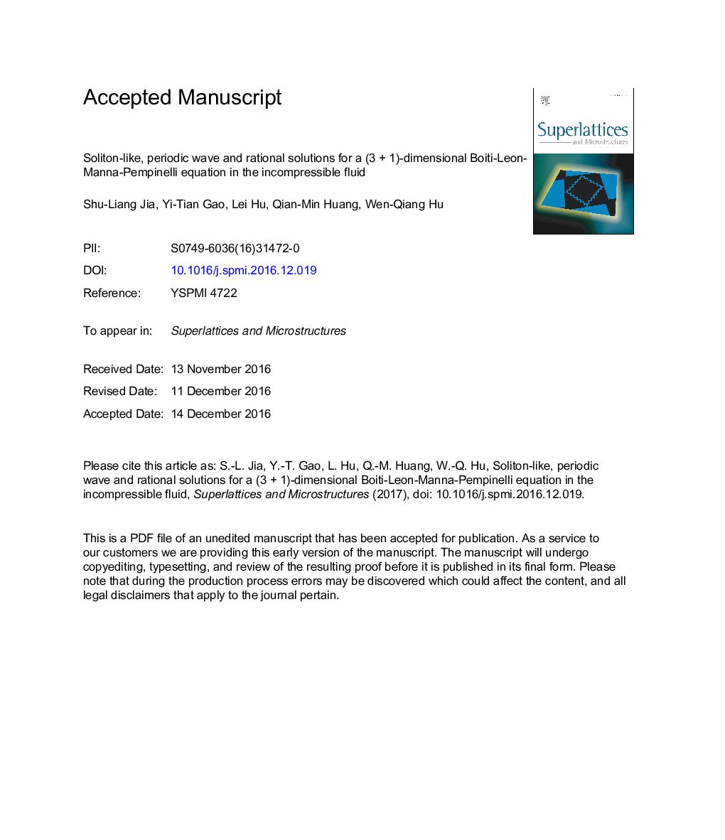 Soliton-like, periodic wave and rational solutions for a (3Â +Â 1)-dimensional Boiti-Leon-Manna-Pempinelli equation in the incompressible fluid