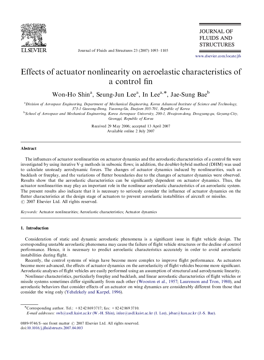 Effects of actuator nonlinearity on aeroelastic characteristics of a control fin