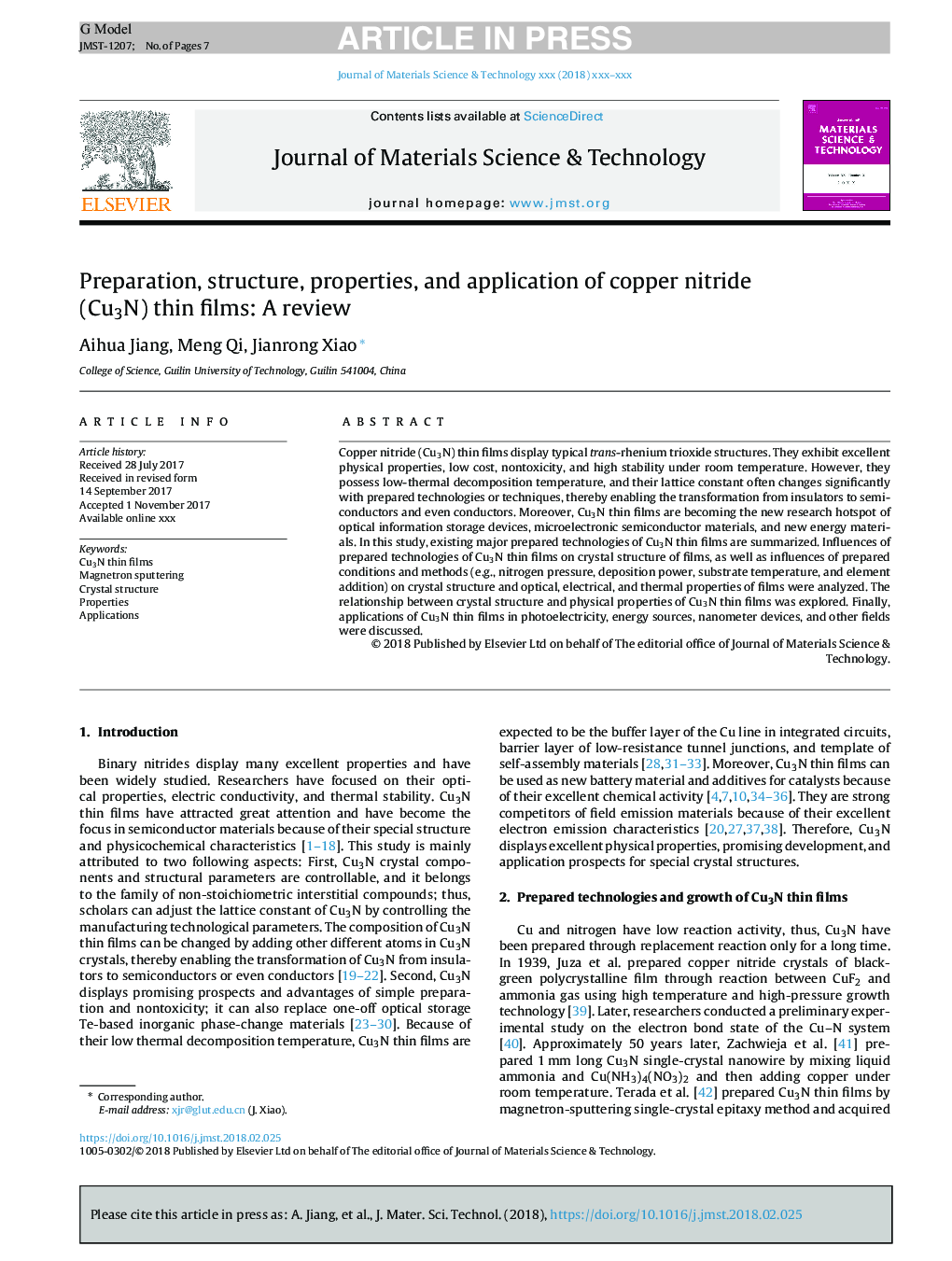 Preparation, structure, properties, and application of copper nitride (Cu3N) thin films: A review