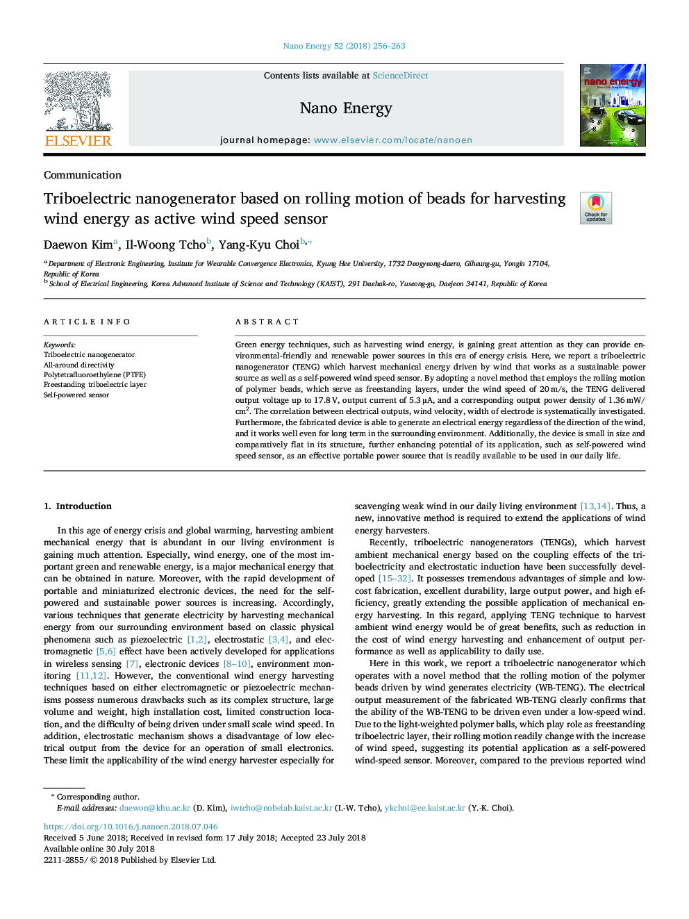 Triboelectric nanogenerator based on rolling motion of beads for harvesting wind energy as active wind speed sensor