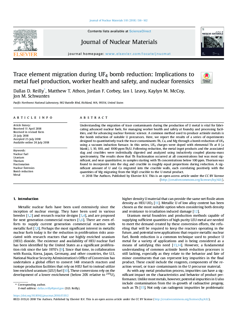 Trace element migration during UF4 bomb reduction: Implications to metal fuel production, worker health and safety, and nuclear forensics