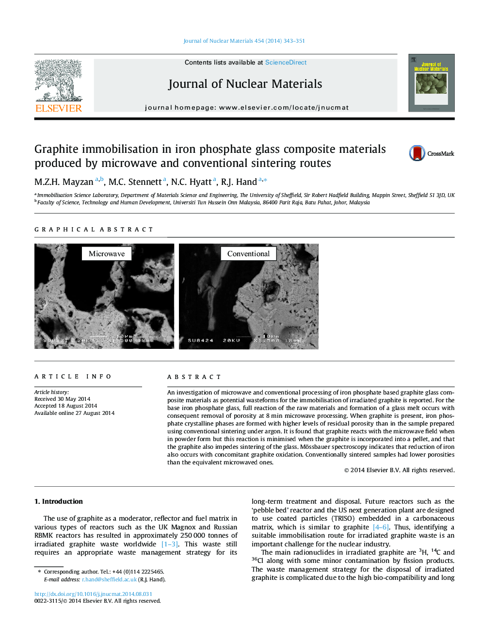 Graphite immobilisation in iron phosphate glass composite materials produced by microwave and conventional sintering routes