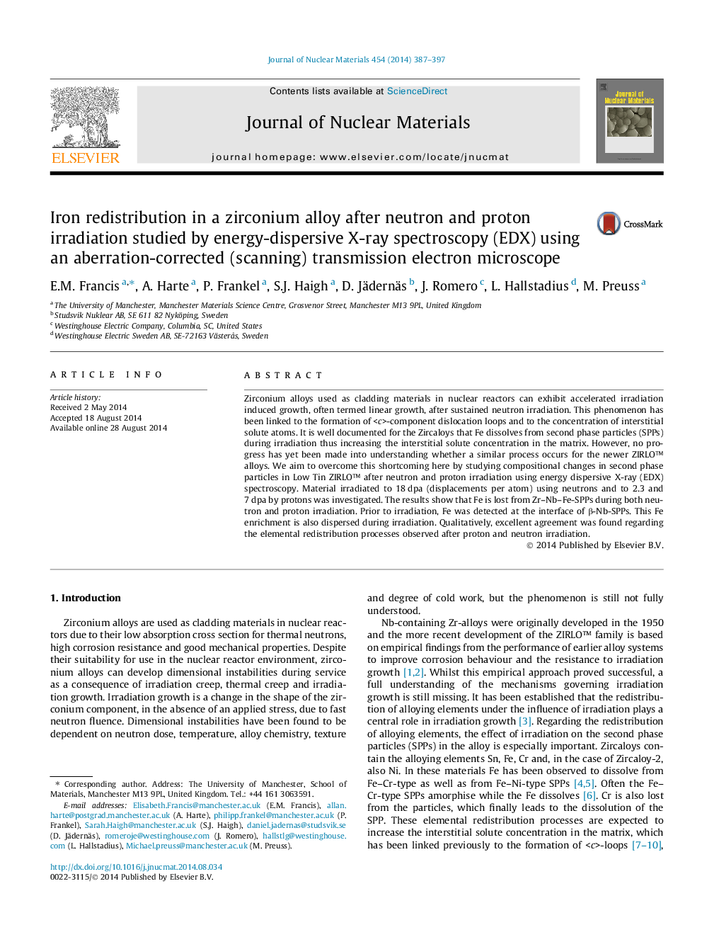 Iron redistribution in a zirconium alloy after neutron and proton irradiation studied by energy-dispersive X-ray spectroscopy (EDX) using an aberration-corrected (scanning) transmission electron microscope