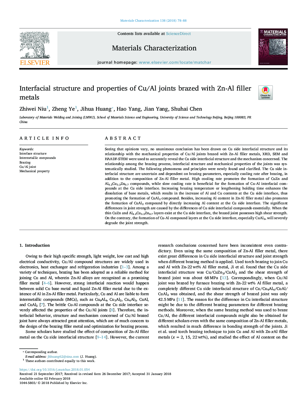 Interfacial structure and properties of Cu/Al joints brazed with Zn-Al filler metals
