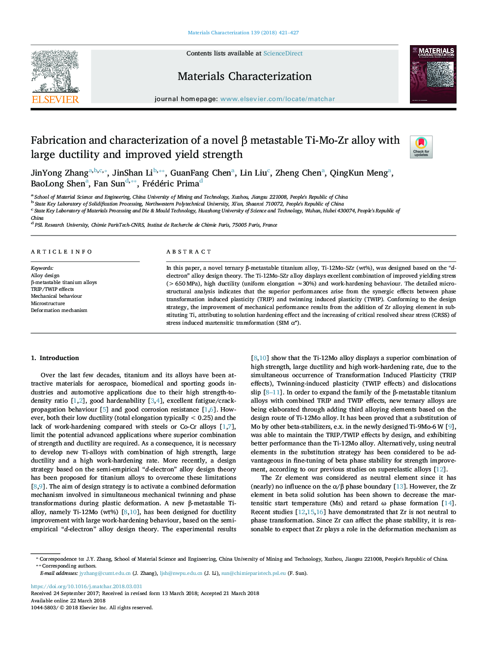 Fabrication and characterization of a novel Î² metastable Ti-Mo-Zr alloy with large ductility and improved yield strength