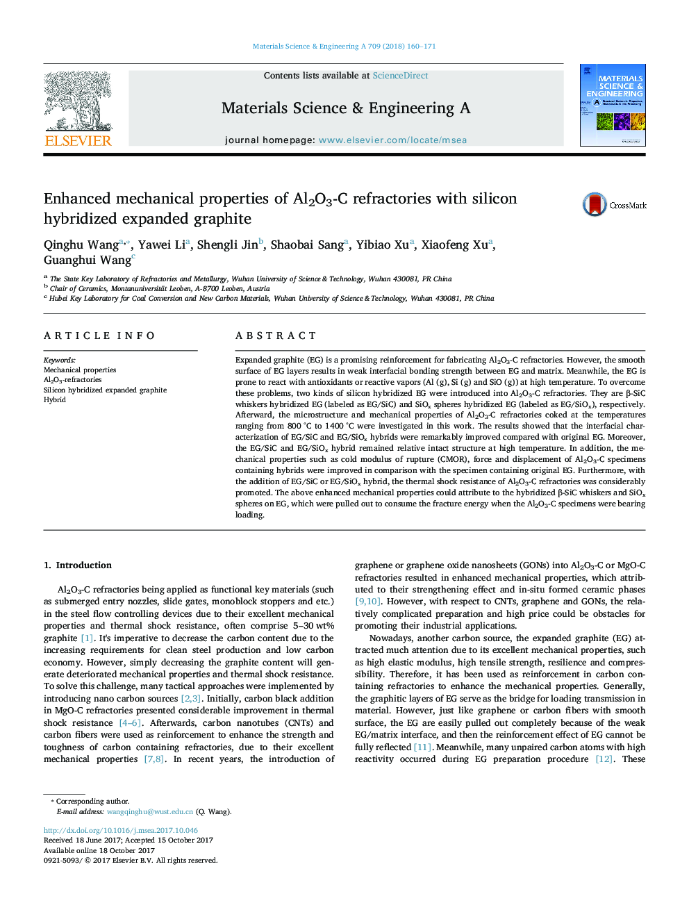 Enhanced mechanical properties of Al2O3-C refractories with silicon hybridized expanded graphite