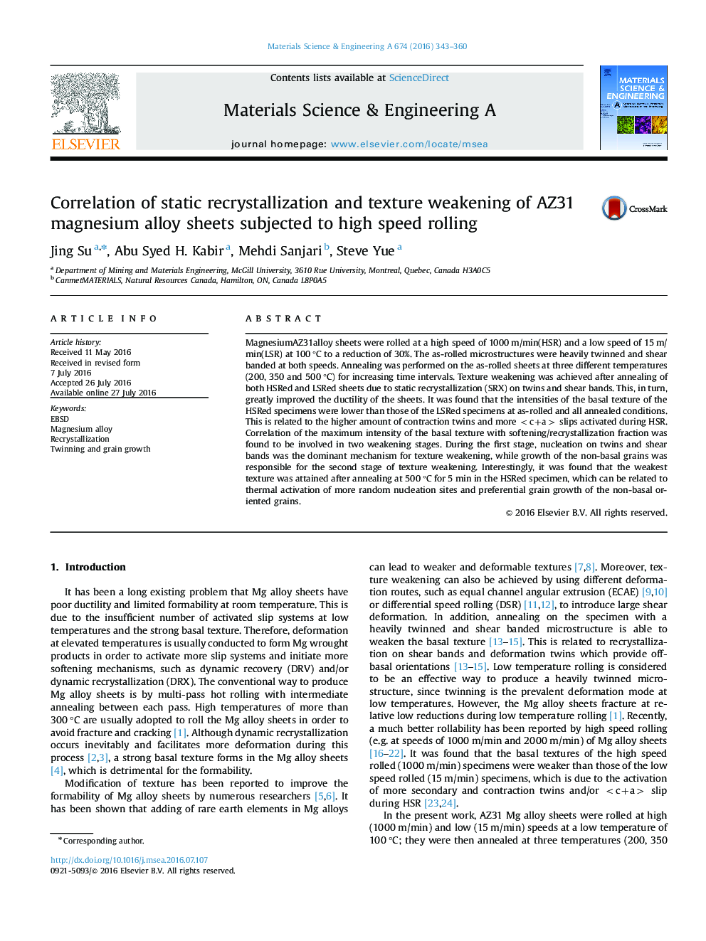 Correlation of static recrystallization and texture weakening of AZ31 magnesium alloy sheets subjected to high speed rolling
