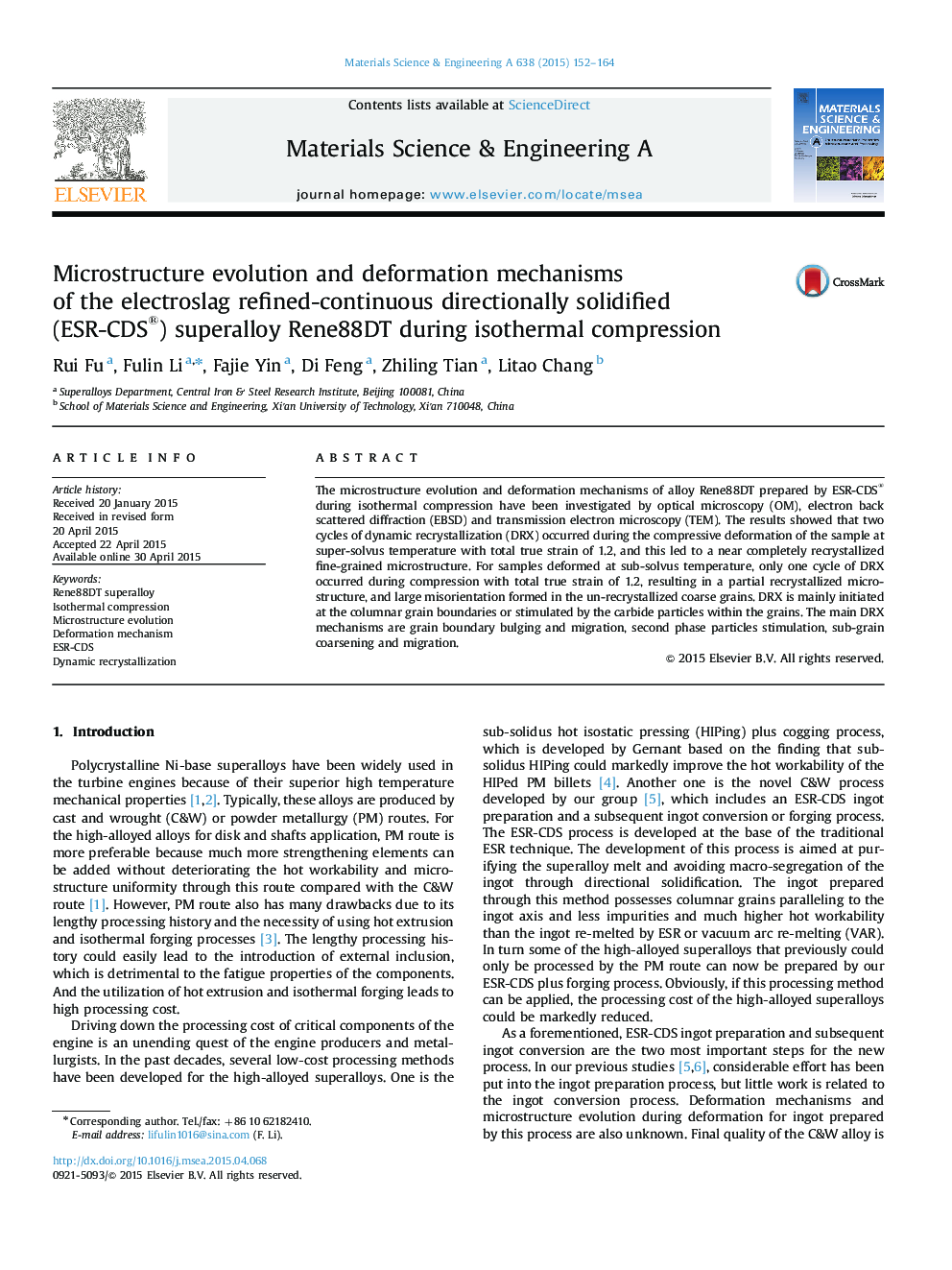 Microstructure evolution and deformation mechanisms of the electroslag refined-continuous directionally solidified (ESR-CDS®) superalloy Rene88DT during isothermal compression
