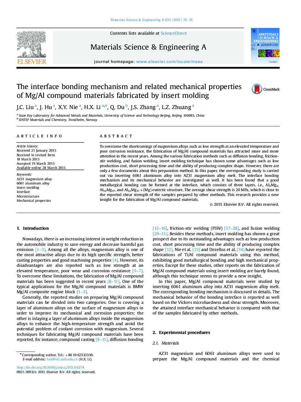 The interface bonding mechanism and related mechanical properties of Mg/Al compound materials fabricated by insert molding