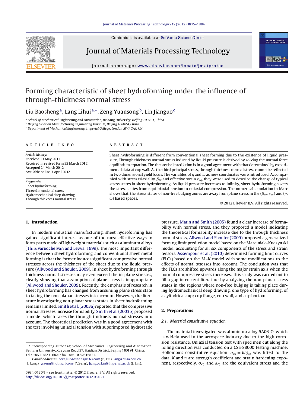 Forming characteristic of sheet hydroforming under the influence of through-thickness normal stress