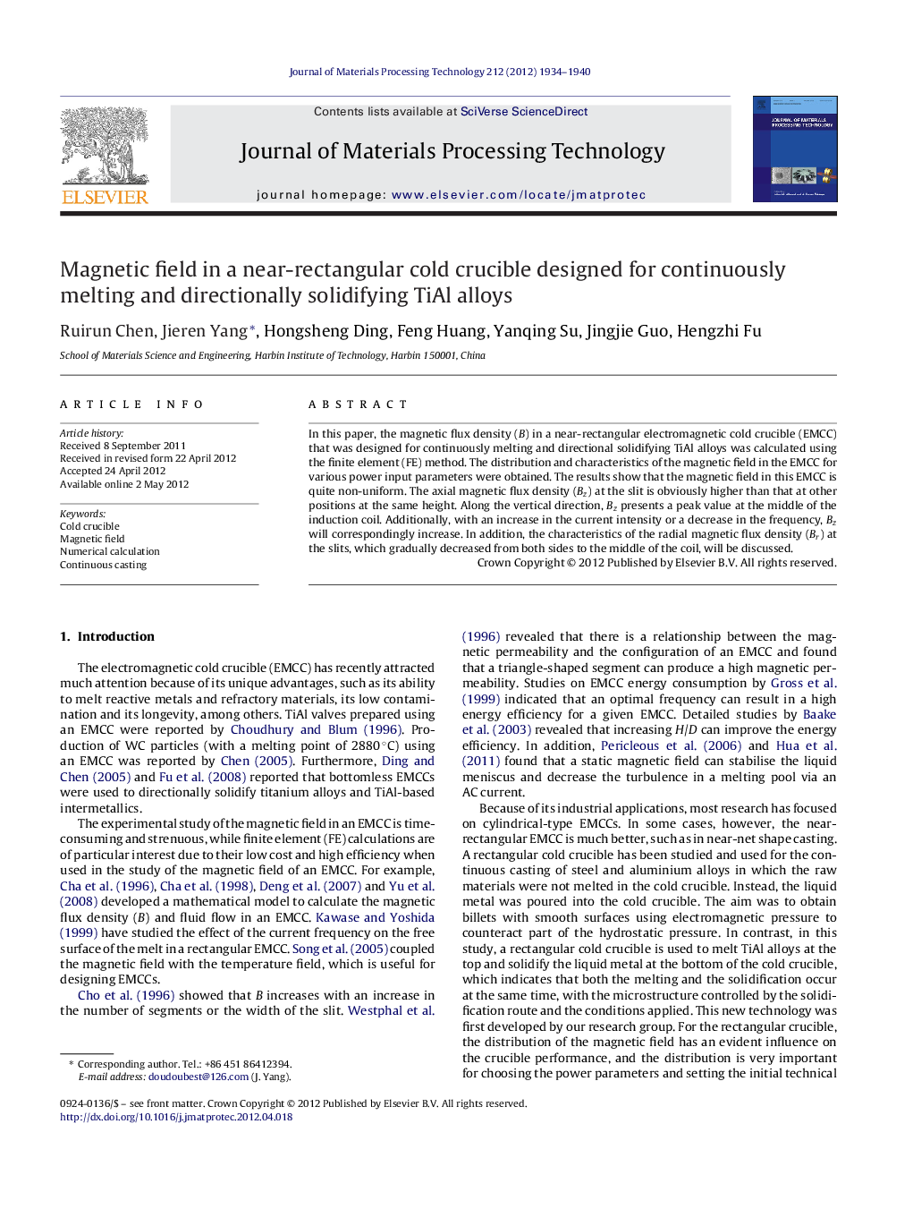 Magnetic field in a near-rectangular cold crucible designed for continuously melting and directionally solidifying TiAl alloys