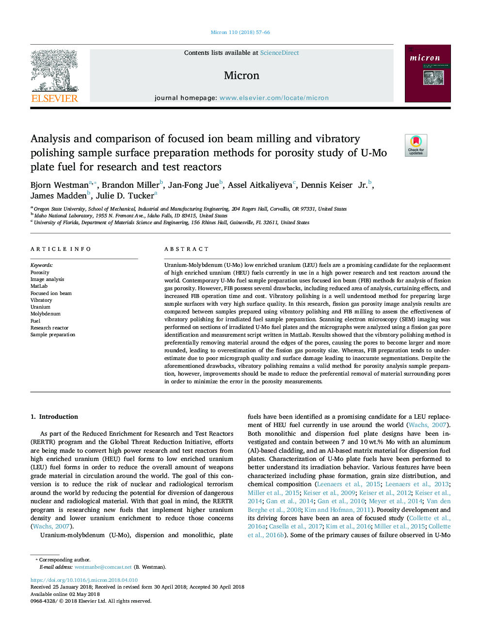 Analysis and comparison of focused ion beam milling and vibratory polishing sample surface preparation methods for porosity study of U-Mo plate fuel for research and test reactors