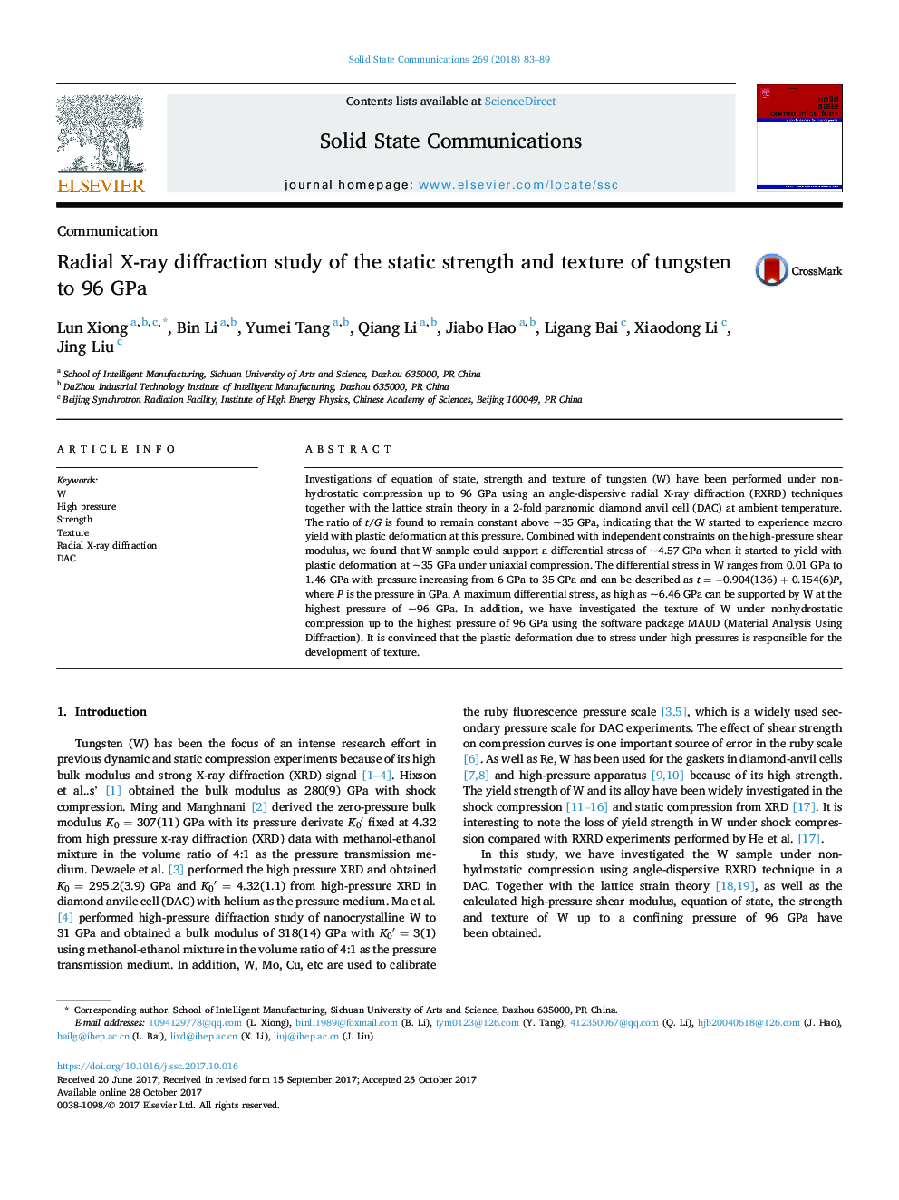 Radial X-ray diffraction study of the static strength and texture of tungsten to 96Â GPa