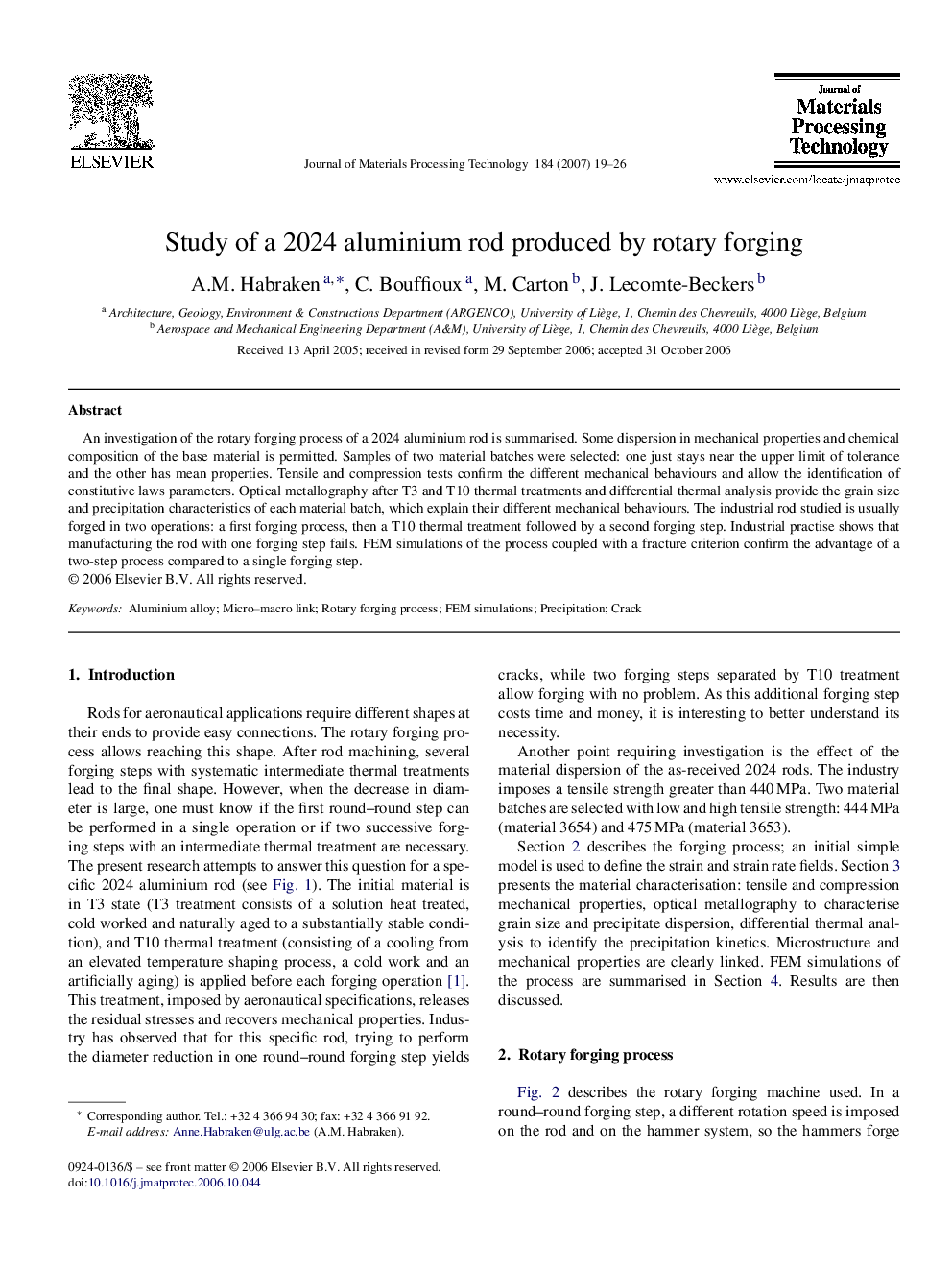 Study of a 2024 aluminium rod produced by rotary forging