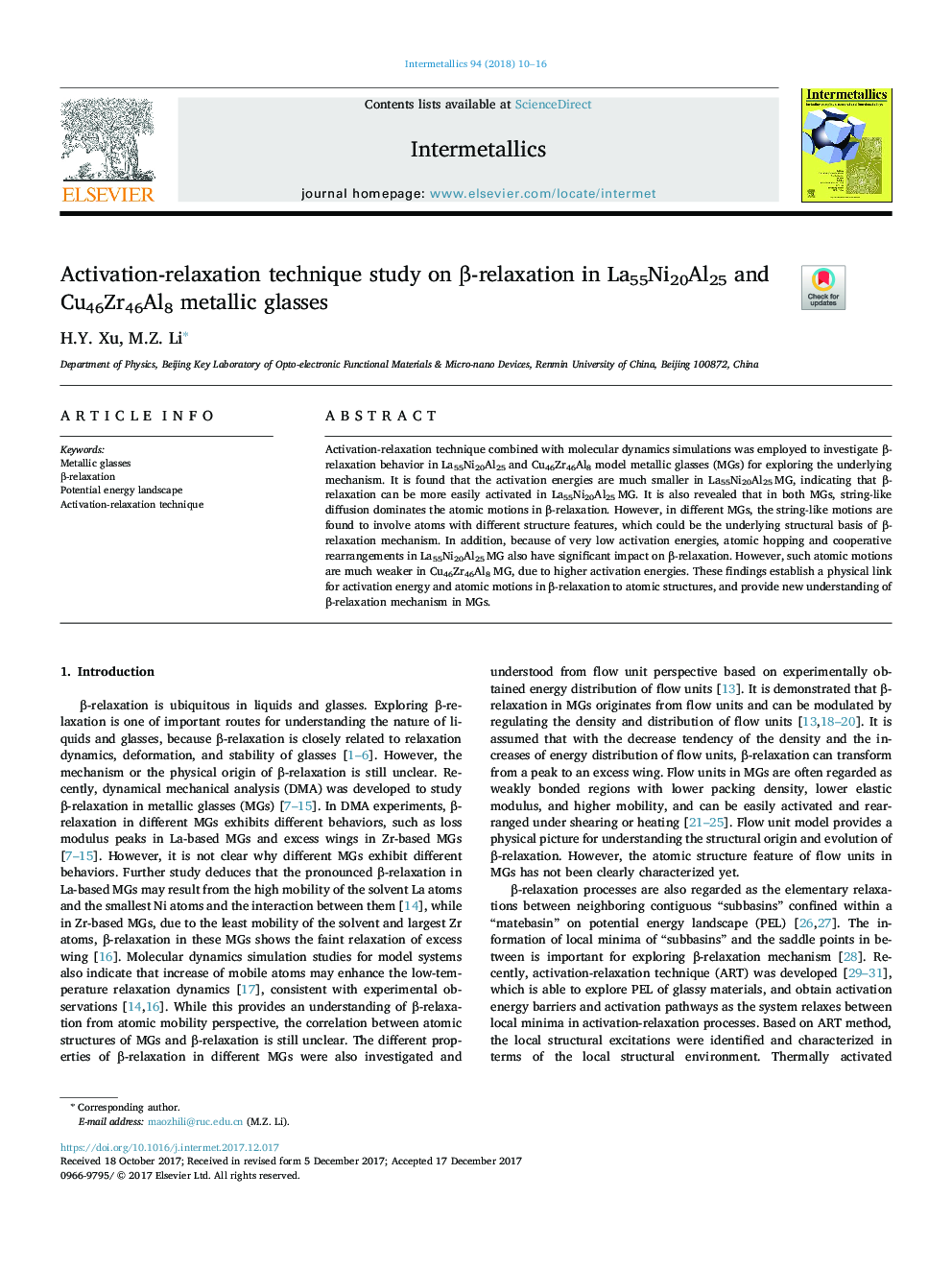Activation-relaxation technique study on Î²-relaxation in La55Ni20Al25 and Cu46Zr46Al8 metallic glasses