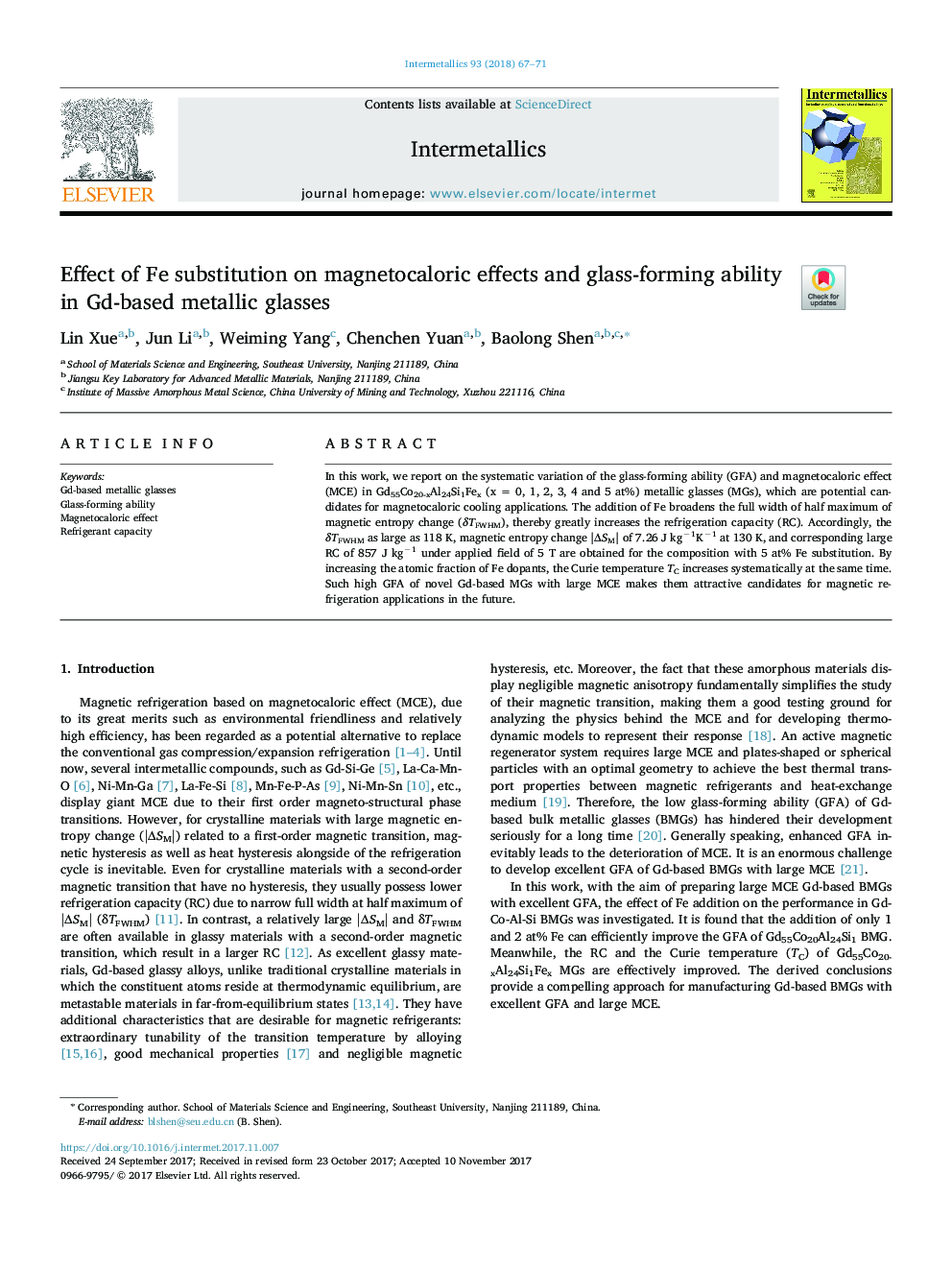 Effect of Fe substitution on magnetocaloric effects and glass-forming ability in Gd-based metallic glasses