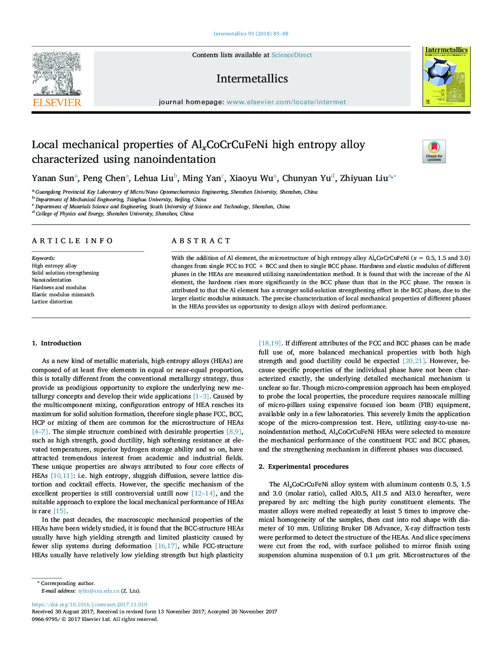 Local mechanical properties of AlxCoCrCuFeNi high entropy alloy characterized using nanoindentation