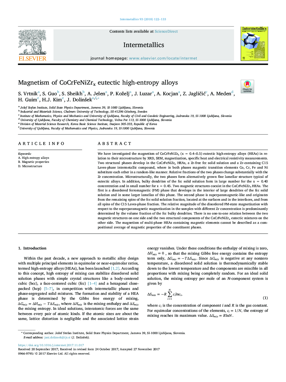 Magnetism of CoCrFeNiZrx eutectic high-entropy alloys